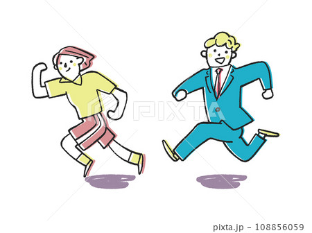 駆け抜ける制服姿の学生とスポーツマンまたは部活動をする学生　セット　イラスト素材 108856059