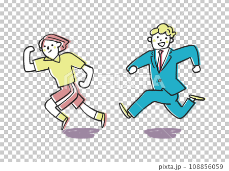 駆け抜ける制服姿の学生とスポーツマンまたは部活動をする学生　セット　イラスト素材 108856059
