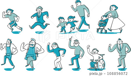 快活に走ったりスキップしたり全身する人々　セット　ブルー2色イラスト　イラスト素材 108856072