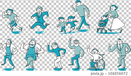 快活に走ったりスキップしたり全身する人々　セット　ブルー2色イラスト　イラスト素材 108856072