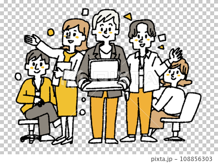 Illustration of people working in a team of 5 people. Comical hand-drawn people. Vector, color line drawing. 108856303