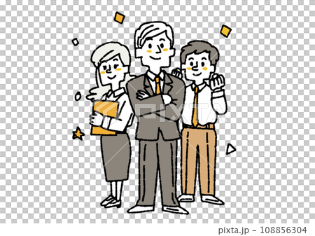 在三人團隊中工作的人的插圖 滑稽的手繪人 向量，彩色線條畫。 108856304