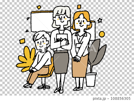 Illustration of people working in a female team. Comical hand-drawn people. Vector, color line drawing. 108856305