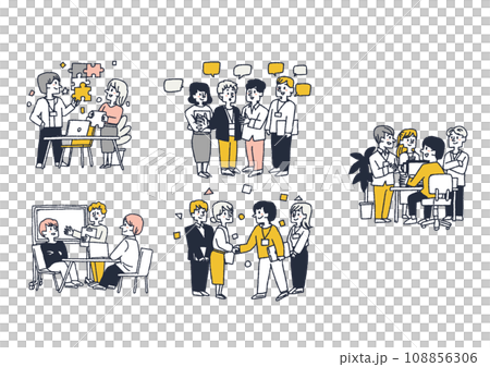 Illustration set of a business team having a conversation and working together. Comical hand-drawn characters. Vector, color line drawing. 108856306