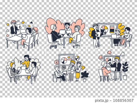 Illustration set of a business team having a conversation and working together. Comical hand-drawn characters. Vector, color line drawing. 108856307