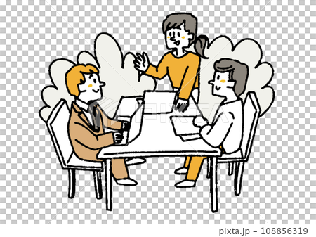 Illustration of a business team having a conversation and proceeding with work. Comical hand-drawn characters. Vector, color line drawing. 108856319