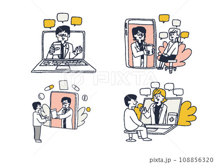 インターネットで薬を処方してもらう人物のイラストセッ　コミカルな手書きの人物　ベクター、線画にカラー 108856320