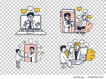 Illustration set of people who receive prescriptions for medicine on the Internet. Comical hand-drawn characters. Vector, color line drawing. 108856320