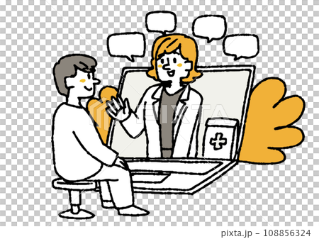 A person who receives a prescription for medicine on the Internet. Comical hand-drawn person. Vector, color line drawing. 108856324