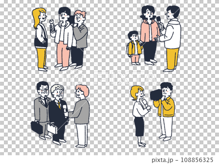 インタビューをする人物のイラストセット　コミカルな手書きの人物　ベクター、線画にカラー 108856325