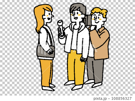 Illustration set of people being interviewed. Comical hand-drawn characters. Vector, color line drawing. 108856327