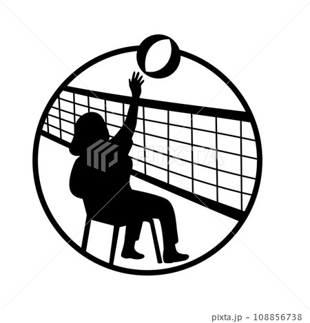 Female Senior Chair Volleyball Player Spiking Ball Over Net Circle Mascot 108856738