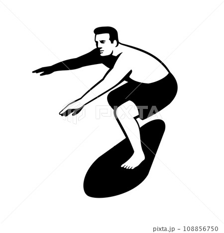 Male Surfer on Surf Board Surfing Front View Retro 108856750