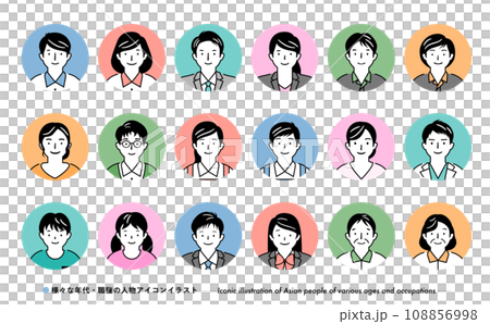 Simple round Japanese face person icon illustration set for business by occupation 108856998
