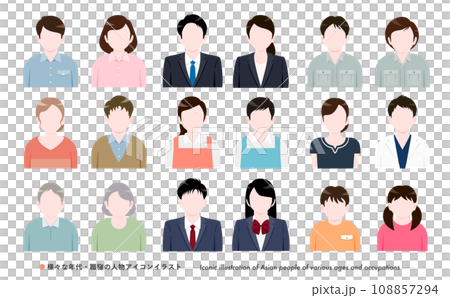 簡單的日本人臉人物圖示插圖集，按職業劃分的商業 108857294