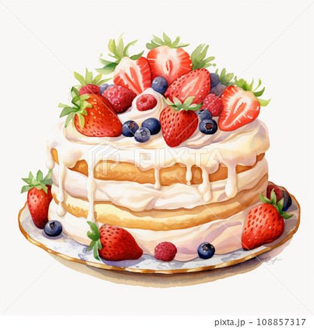 苺とクリームのバースデーケーキの水彩イラスト　AI画像 108857317