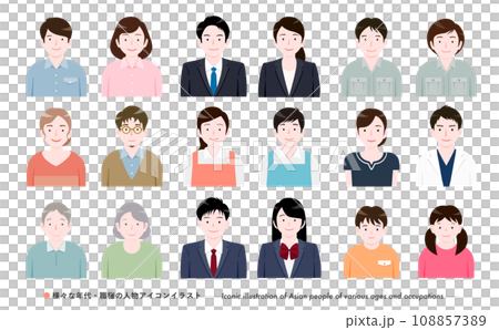 簡單的日本人臉人物圖示插圖集，按職業劃分的商業 108857389