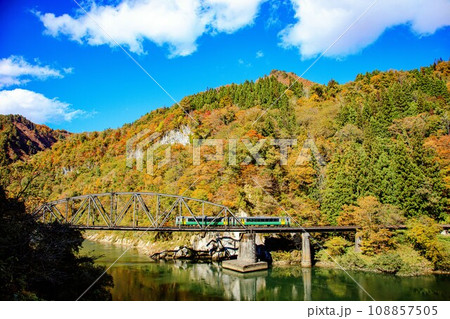 只見線　秋の第四只見川橋梁を渡る列車キハE120形(福島県金山町、10月下旬午後) 108857505