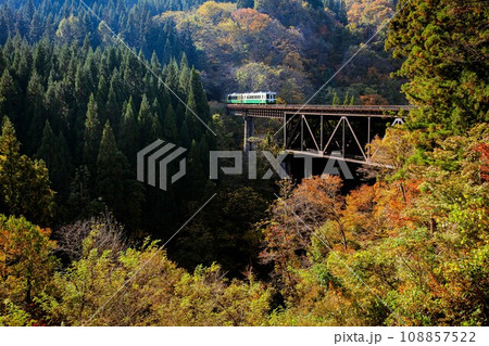 只見線 秋の滝谷川橋梁を渡る列車(福島県柳津町、11月上旬午後) 只見線 秋の滝谷川橋梁を渡る列車(福島県柳津町、11月上旬午後) 108857522