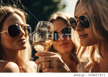 Young happy girls girlfriends celebrating with champagne. Party, birthday, bachelorette party, fun holiday friendship Young happy girls girlfriends celebrating with champagne. Party, birthday, bachelorette party, fun holiday friendship 108857871