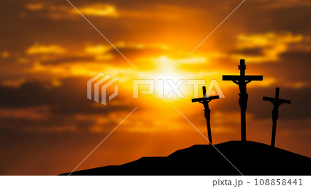 The Crucifixion Of Jesus Christ in twilight sky 3d rendering. 108858441