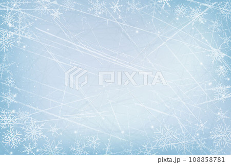 Rink surface texture. Winter background with blue ice and snowflakes. Hockey field, skating arena wallpaper. Vector illustration 108858781