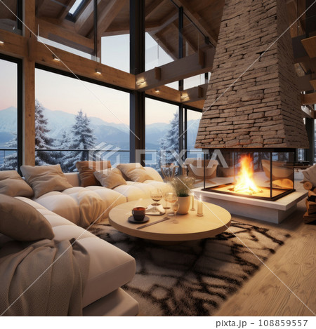 Room with sofa and winter landscape in window. 108859557