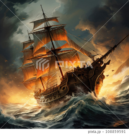 Pirate ship under a dramatic stormy sky, with dark clouds and crashing waves 108859591