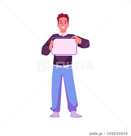 Young man pointing to blank space in his hands. 108859856
