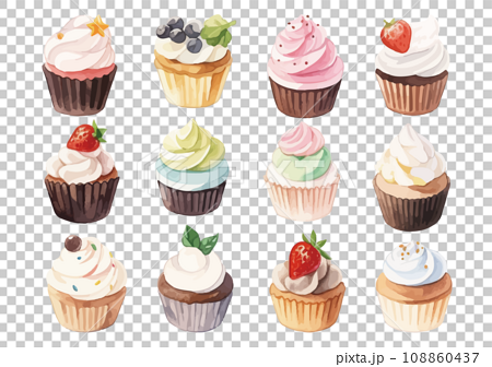 水彩で描いたカラフルなカップケーキのイラスト 108860437