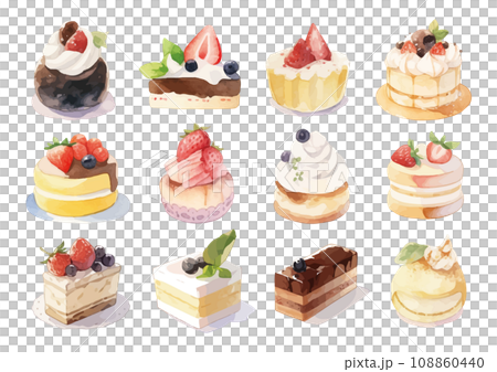 Illustration of various cakes drawn in watercolor 108860440