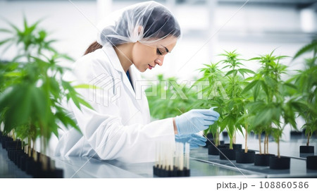 Caucasian woman doctor grows medical cannabis in laboratory checking quality of plants 108860586