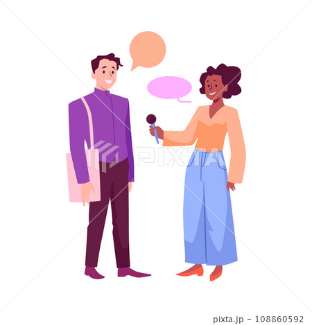 TV journalist street interview, vector news reporter, woman with microphone interviewing man, mass media correspondent 108860592