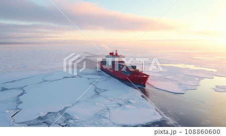 Icebreaker goes on the sea among the blue ice. Icebreaker goes on the sea among the blue ice. 108860600