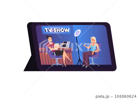 TV show with guest, online video record on screen, woman celebrity giving interview to television presenter in studio 108860624