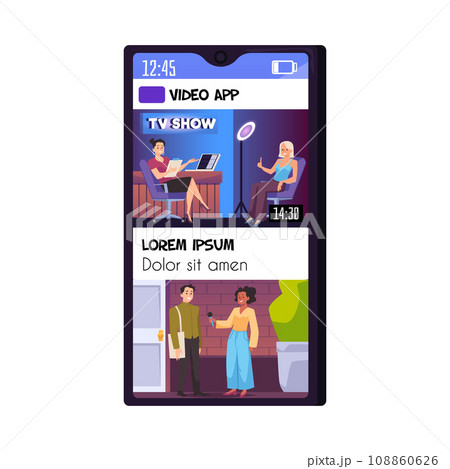 Mobile app template about journalism, flat cartoon vector illustration 108860626