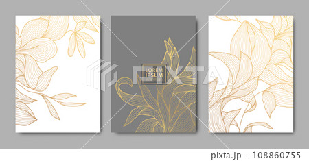 Vector set of luxury floral line pattern, golden background. Hand drawn plants, leaves for packaging, social media post, cover, banner, creative post and wall arts Vector set of luxury floral line pattern, golden background. Hand drawn plants, leaves for packaging, social media post, cover, banner, creative post and wall arts 108860755