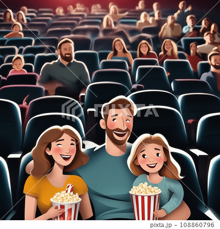 Young family in the movie theater with daughter Young family in the movie theater with daughter 108860796