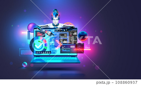 AI helps programmer creates software. Neural network coding program text. Artificial intelligence in image Robot cyborg helps the programmer to create software. Software development with AI chat bot 108860937