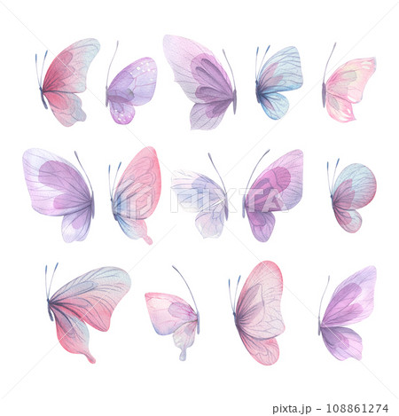 Butterflies are pink, blue, lilac, flying, delicate with wings and splashes of paint. Hand drawn watercolor illustration. Set of isolated elements on a white background, for design Butterflies are pink, blue, lilac, flying, delicate with wings and splashes of paint. Hand drawn watercolor illustration. Set of isolated elements on a white background, for design 108861274