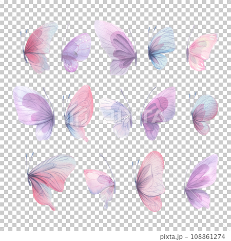 Butterflies are pink, blue, lilac, flying, delicate with wings and splashes of paint. Hand drawn watercolor illustration. Set of isolated elements on a white background, for design Butterflies are pink, blue, lilac, flying, delicate with wings and splashes of paint. Hand drawn watercolor illustration. Set of isolated elements on a white background, for design 108861274