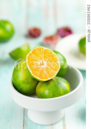 fresh citrus fruits on wooden table 108861462