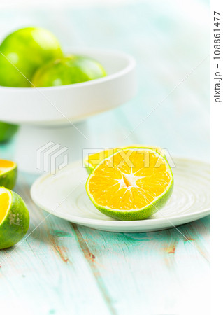fresh citrus fruits on wooden table 108861477