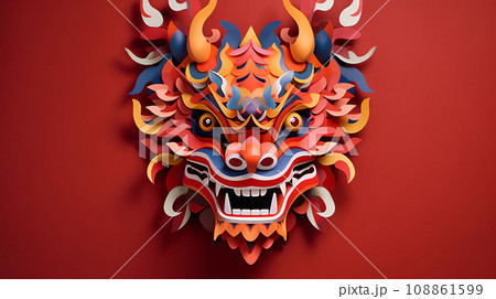Chinese New Year, year of dragon concept, paper craft colorful dragon head on red backgroud in creative modern, Chinese new year background. Generative AI 108861599