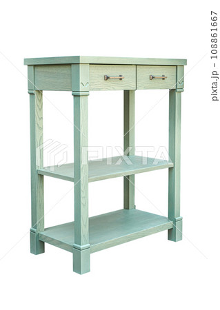Green serving table with drawers and shelves in carpentry 108861667