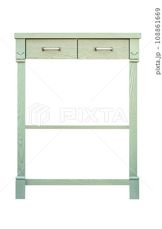 Green serving table with drawers and shelves in carpentry Green serving table with drawers and shelves in carpentry 108861669