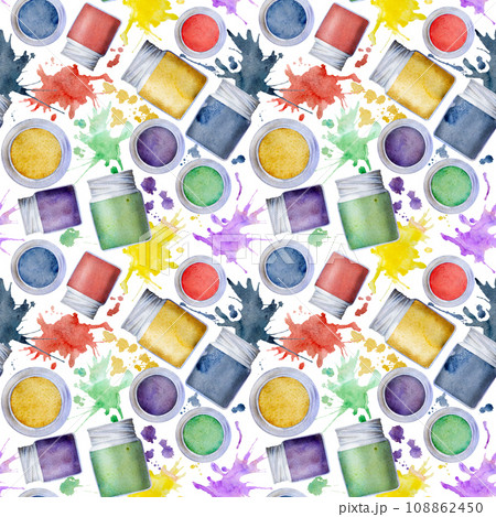 Watercolor hand drawn illustration, kids children painting materials supplies, gouache acrylic ink bottles, splashes. Seamless background isolated on white. School, kindergarten, party, cards, website 108862450