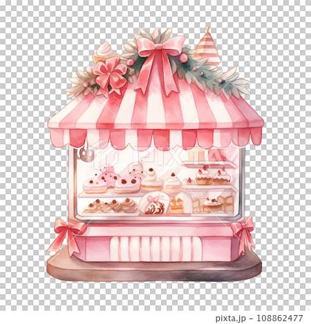 Christmas cake storefront in a winter with decorated bows and wreaths ,ai generative 108862477