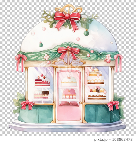 Christmas cake storefront in a winter with decorated bows and wreaths ,ai generative 108862478