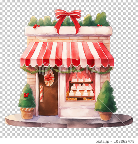 Christmas cake storefront in a winter with decorated bows and wreaths ,ai generative 108862479